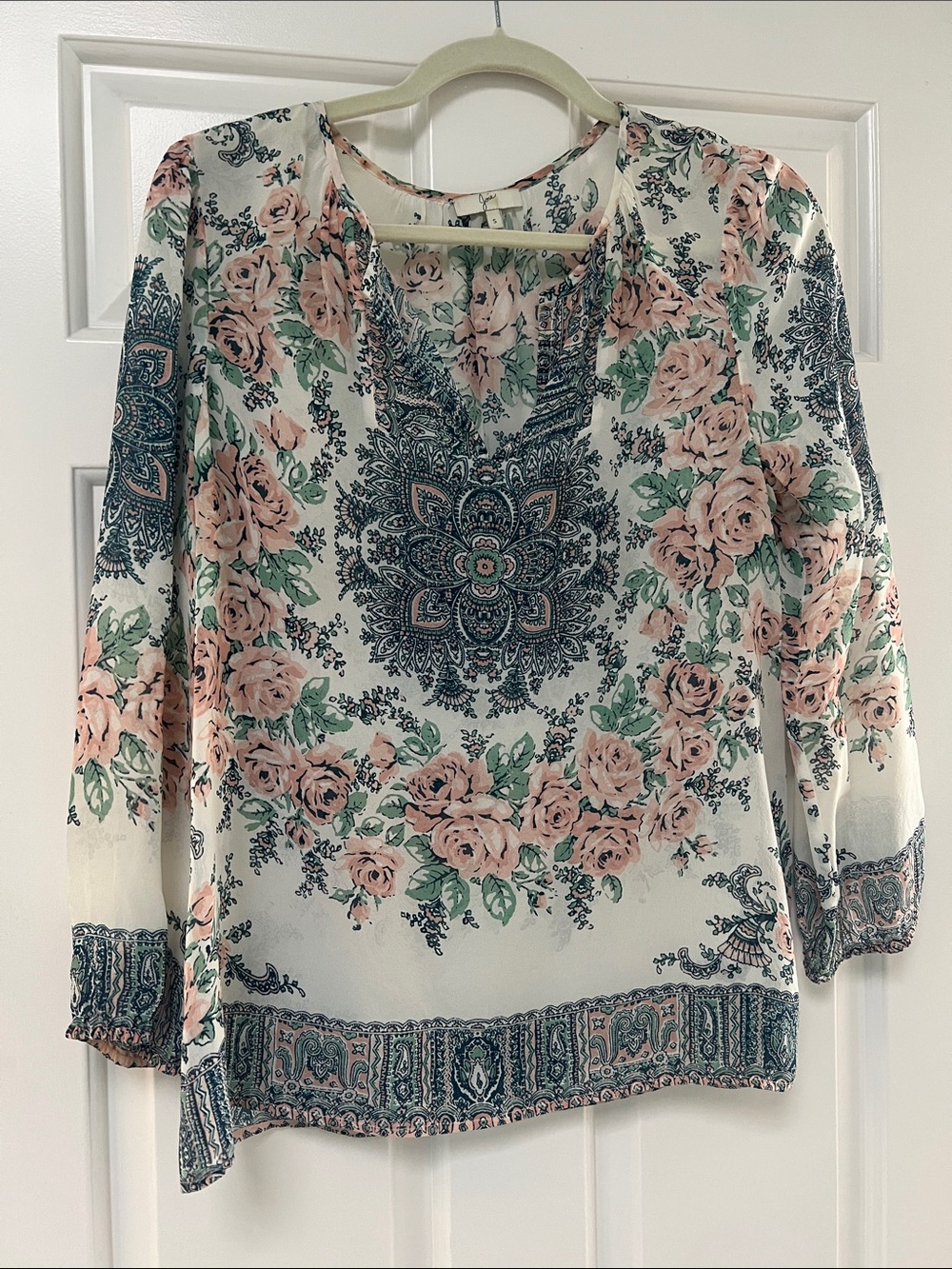 Joie Cream Blouse with Pink Rose and Navy Paisley Medallion